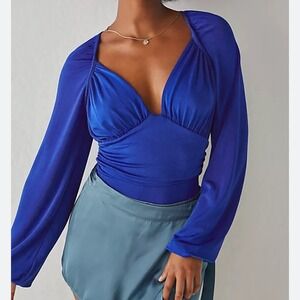 Free People Bodysuit Electric Indigo Blue In Your Arms V-Neck Long Sleeve Small